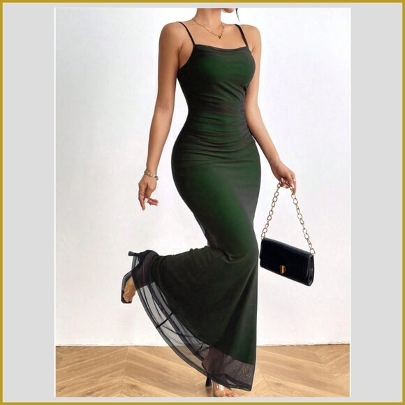 Green Spaghetti Strap Maxi Dress with Mesh Hem Bodycon | Size M - Picture 4 of 5